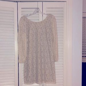Hearts - cream / white long sleeve lined lace mini dress, Large.